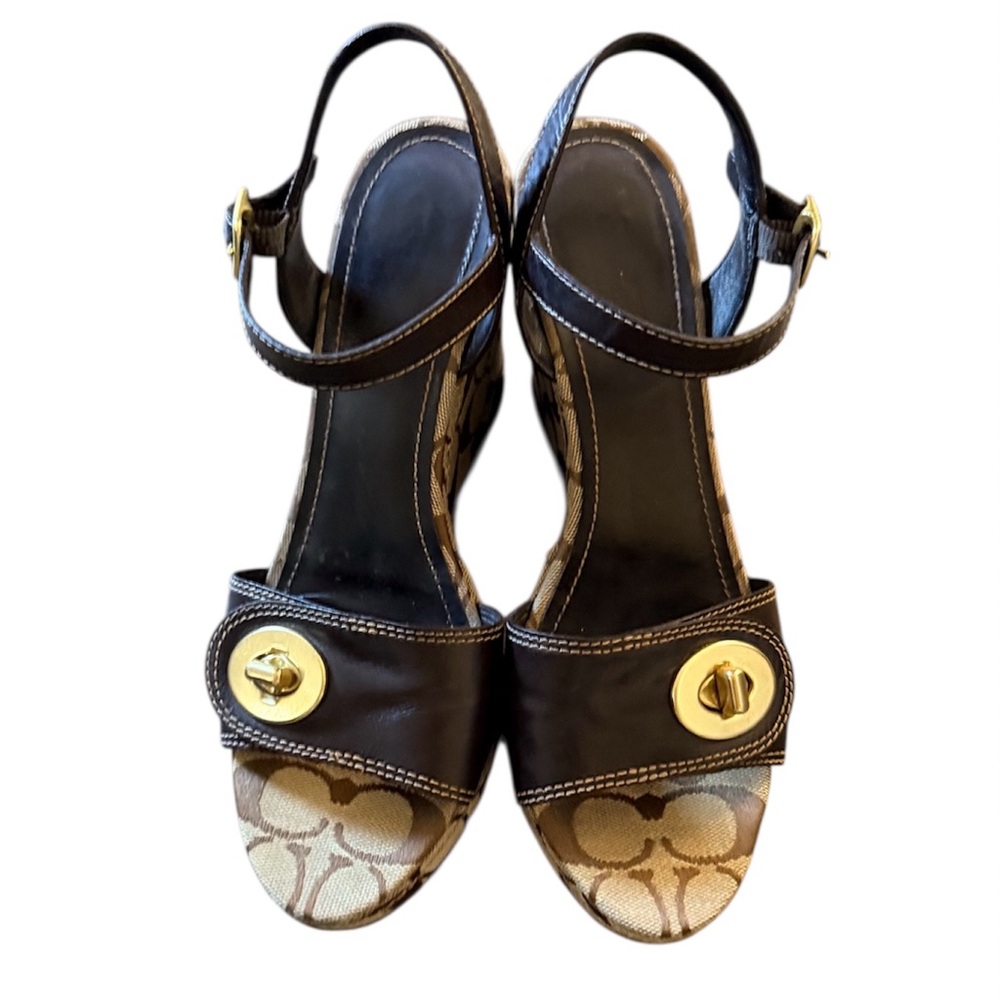 Coach Rana Signature Canvas Wedge Sandals Black Brown Size 8.5 - Picture 3 of 11
